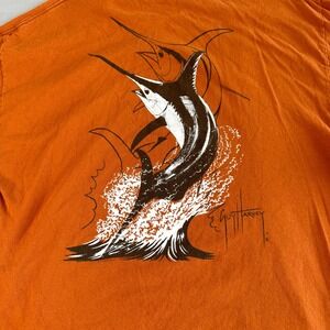 Guy‎ Harvey SHIRT Mens XL Orange Graphic Pocket T Shirt Sowd Fish Fishing